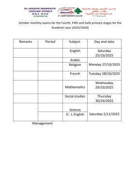 October monthly exams for the Fourth, Fifth and Sixth primary