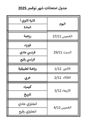 جدول امتحان شهر نوفمبر للصف الثاني الثانوي أ